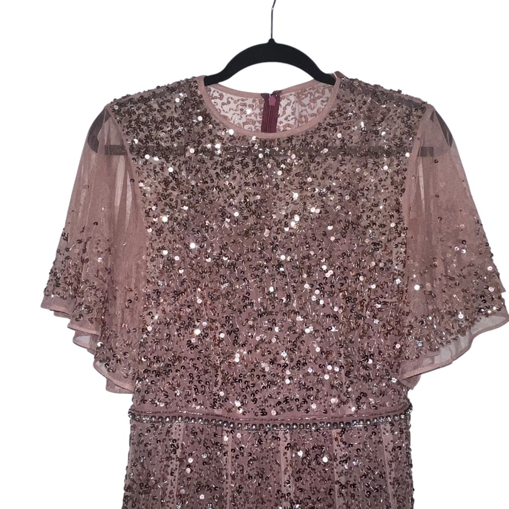 NEW NWT Mac Duggal Cape Sleeve Beaded Tea Length Drop Waist Midi Dress Rosewood - Picture 4 of 14